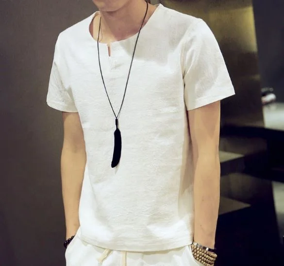 

K8T201 Summer hot style men's linen short sleeved T-shirt fashion men's cotton t shirt, White;black;apricot;sky blue;grey blue;navy blue