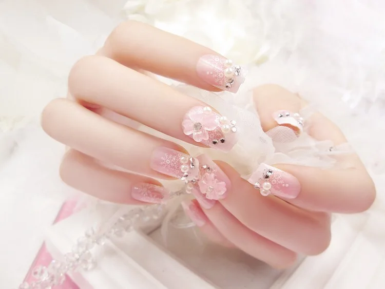 A16 Wholesale Pink Girls Fake Nails Tips 3d Bride Fake Nails Pre Design