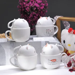 Image of Creative Cartoon Ceramic Mug Porcelain Cup Cute Cat 3D Mugs Large Capacity Glass Milk Cup with Lid
