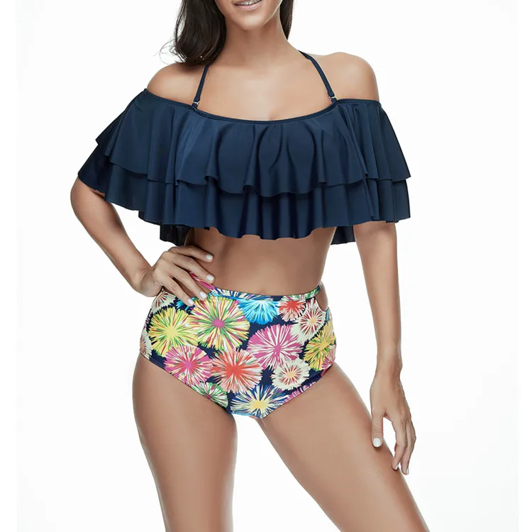 

Off Shoulder Ruffled Flounce Swimwear Women Beachwear Sexy high waist swimsuit bikini with Print Cut Out Bottoms, Multi color