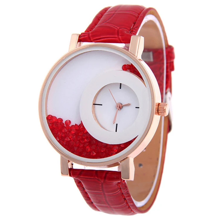 

New Fashion Leather Strap Women Rhinestone Wrist Watches Casual Women Dress Watches Crystal Solid Color Hot