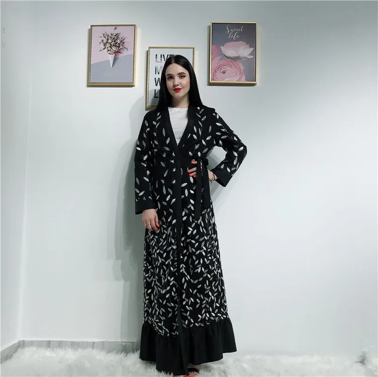 

2019 Fashion design black lace leaves open abaya kimono, Black,navy,beige, gray