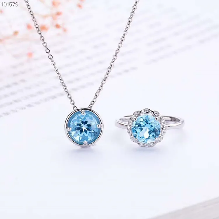 

trendy crystal jewelry 925 sterling silver 18k white gold plated 8mm natural blue topaz pendant necklace adjustable ring set