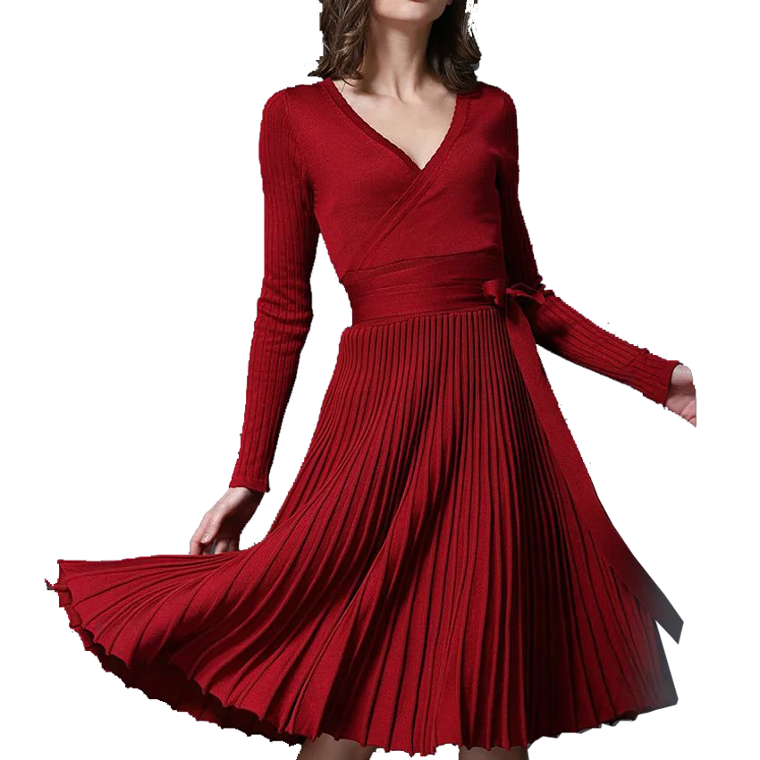 

Woman Autumn V-Neck Long Sleeve Solid Waisted Knitting Dress, N/a