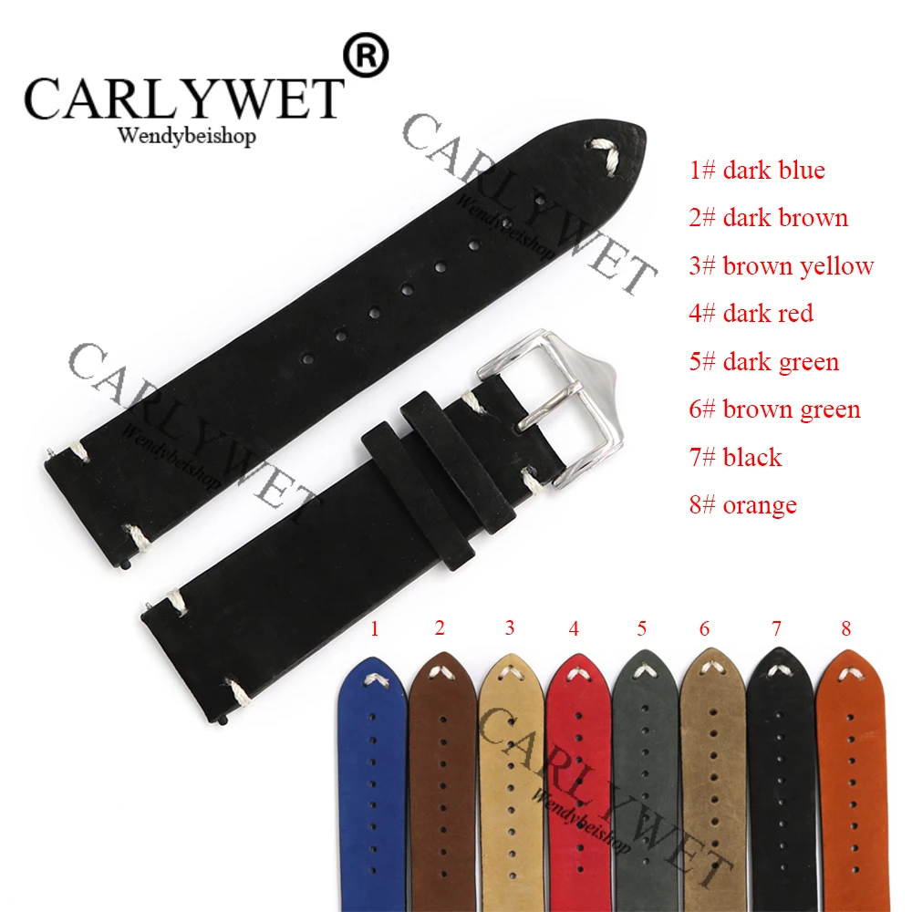 

CARLYWET 20 22 24mm Cowhide Suede Leather Black Orange Dark Blue Brown Red Green Vintage Watch Band Strap Belt Polished Buckle