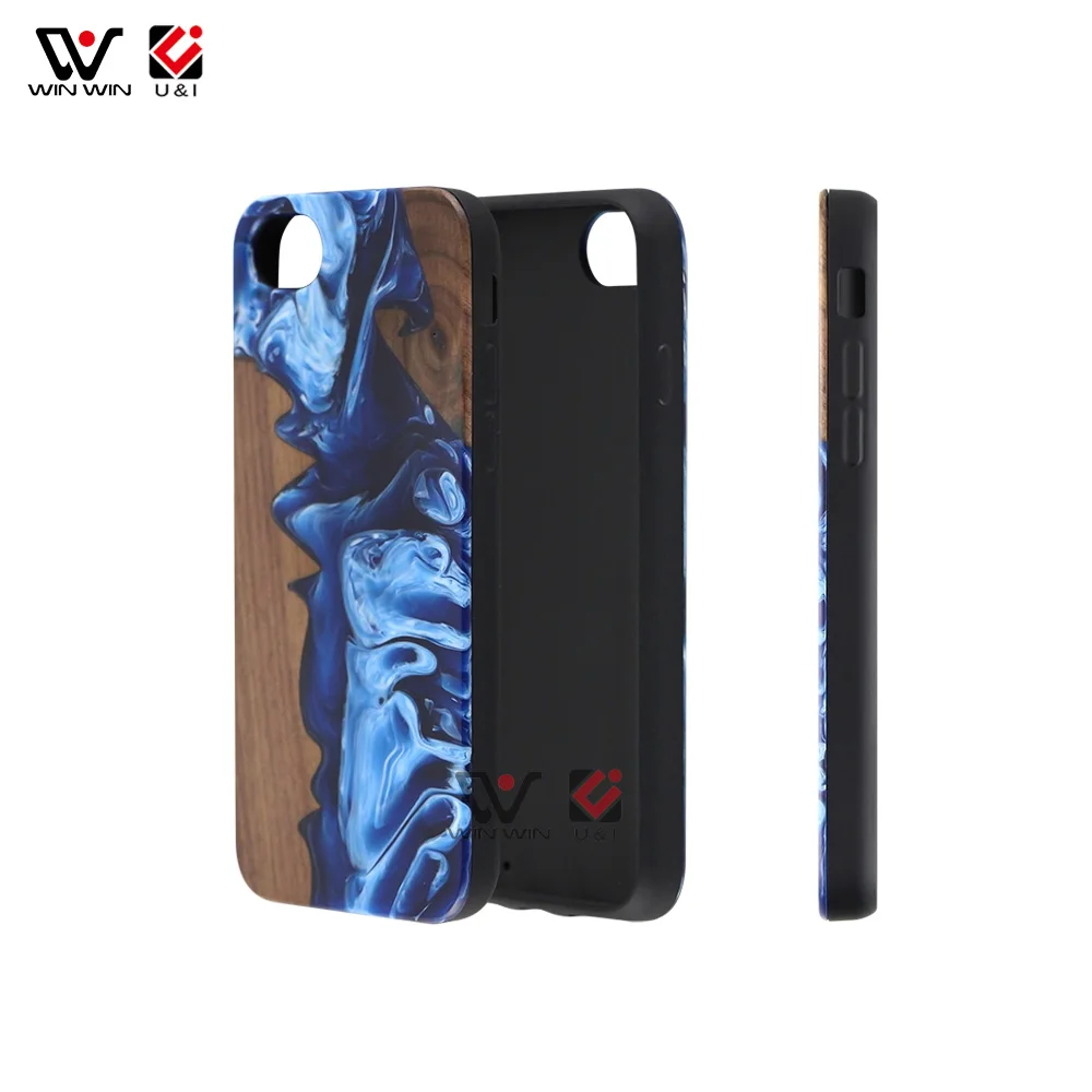 

Hot Sale Unique Blue Color Wave Design Resin Wood Phone Case For iPhone 6 7 8 X XR XS Max, Customized