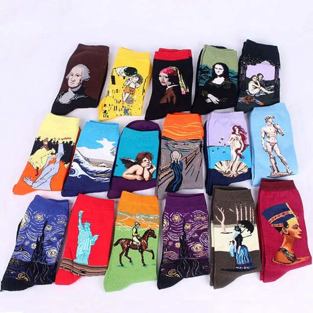 

3d print art socks women men cotton harajuku style famous painting sock van Gogh Mona Lisa da Vinci funny Socks Vintage