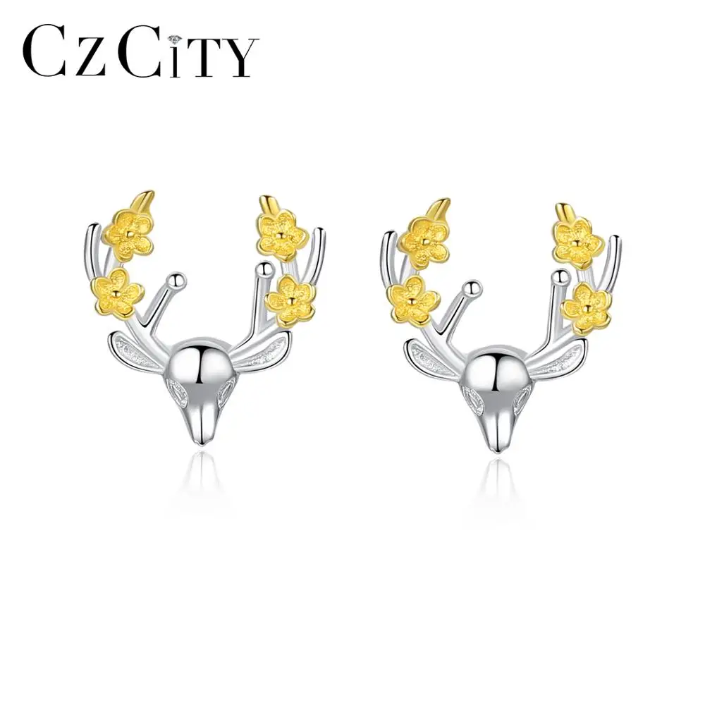 

CZCITY 925 Sterling Silver Christmas Deer Elk Design Earrings For Women Cute Trendy Fashion Ear Stud