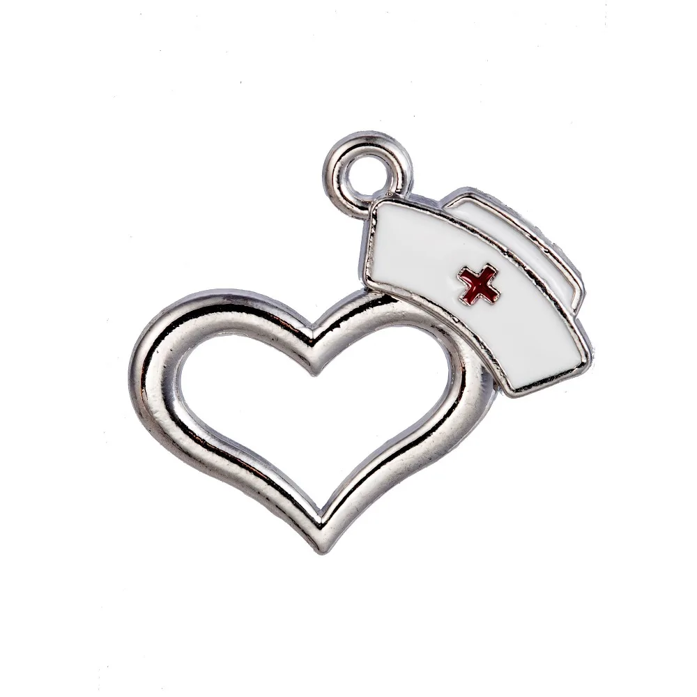 

Beautiful Design Heart Shape Enamel Nurse Red Cross Charm For Gift, Silver