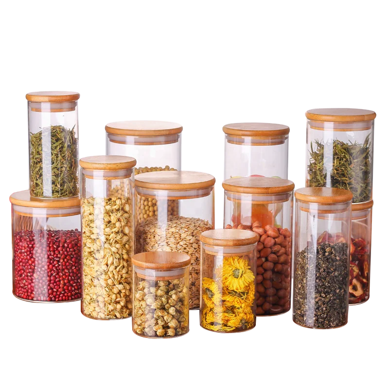 

wholesale and customized high borosilicate glass spice tea glass jar with bamboo lid