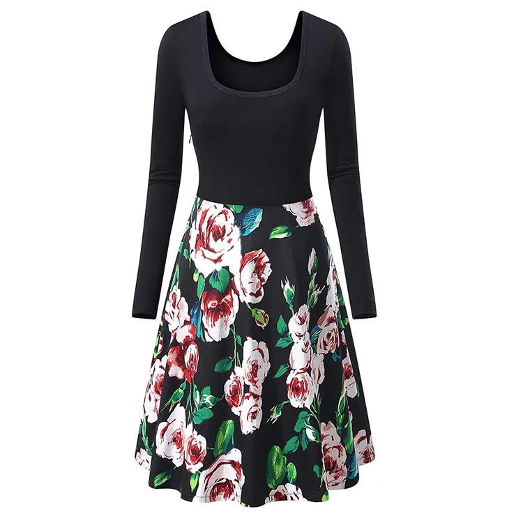 

2017 New Arrival Autumn Patchwork Skater Dress Women Floral Print Vintage Flower Long Sleeve Retro Flare Rockabilly Woman Dress