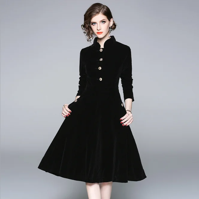 

Elegant Black Velvet Dress Winter Retro Women Hepburn Long Sleeve Ladies Office Dresses Vestidos Robe Y10600