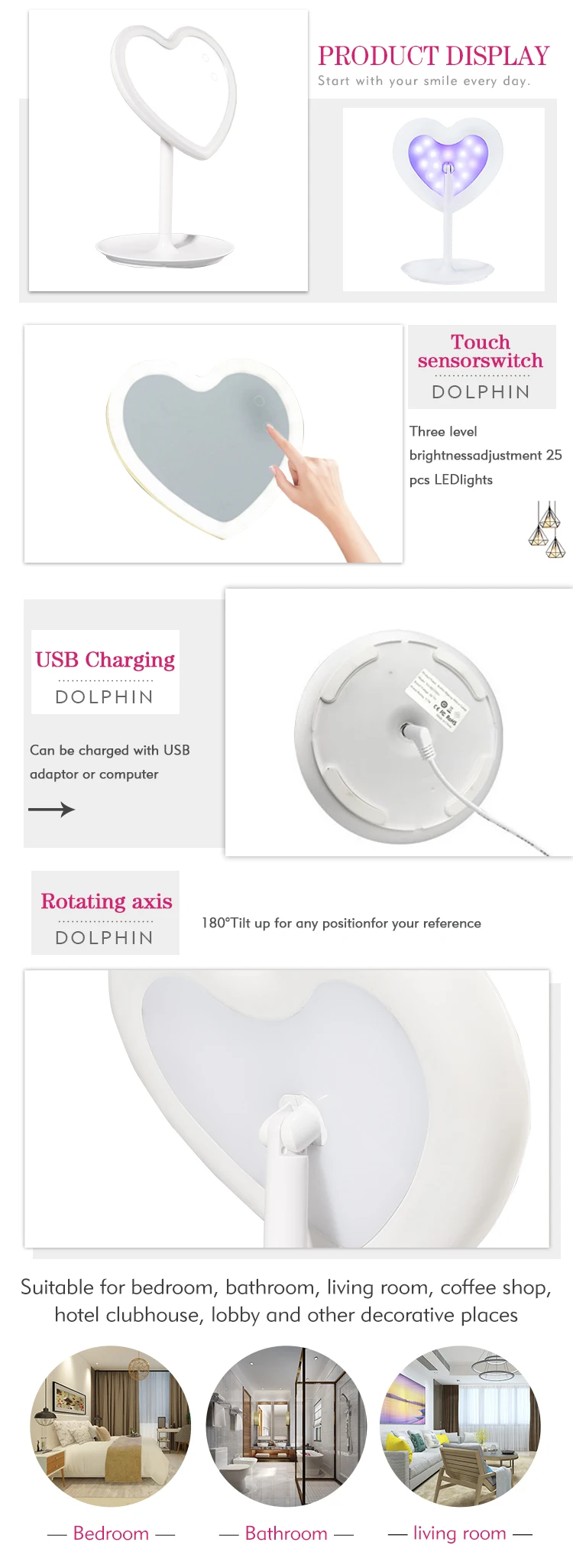 Beauty Gifts Desk Electronic Sensor White Mirrors Light Makeup Heart