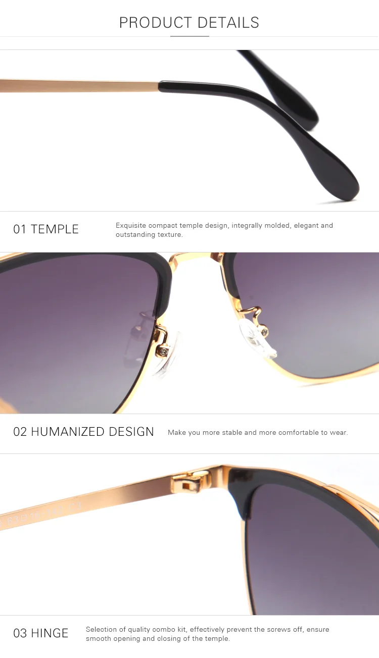No Logo Sunglasses Italian Designer Golden Metal Frame Polarizer Film