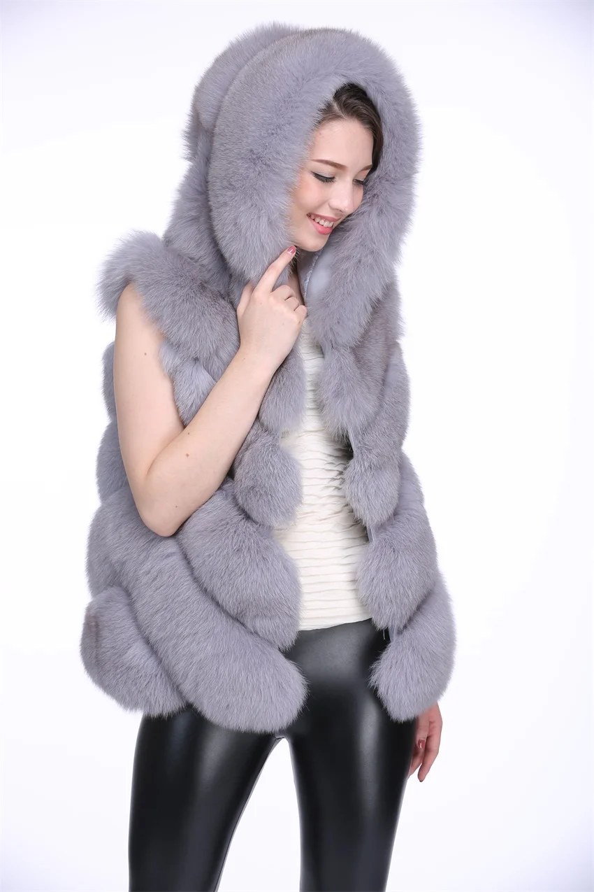 Popular design fashion fox fur parka with hood women's fox fur vest Faux fox fur jacket winter clothing