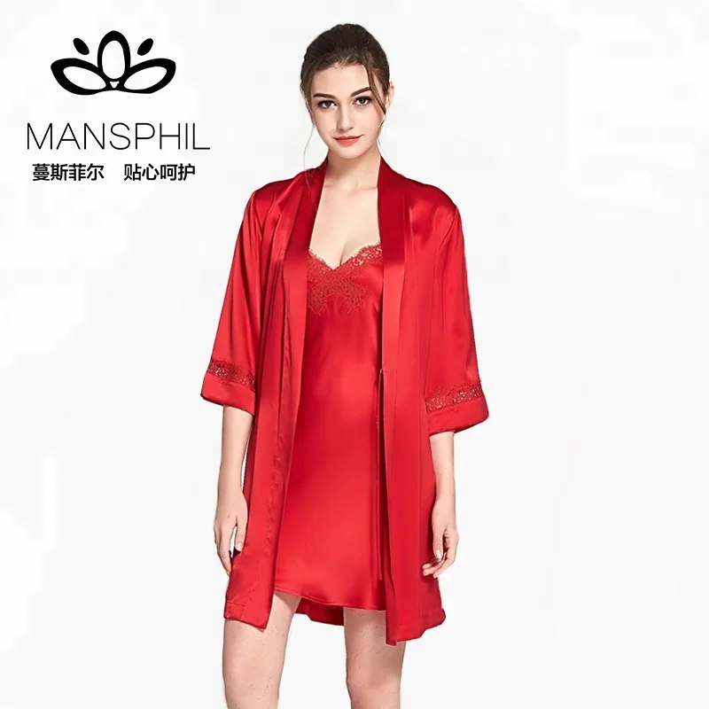 

100% Silk Satin New Arrival Girlfriend' Real Lace Trim Cut-out Sexy Kimono Robe Seductive Women Nightwear, Ivory;black;baby pink;red