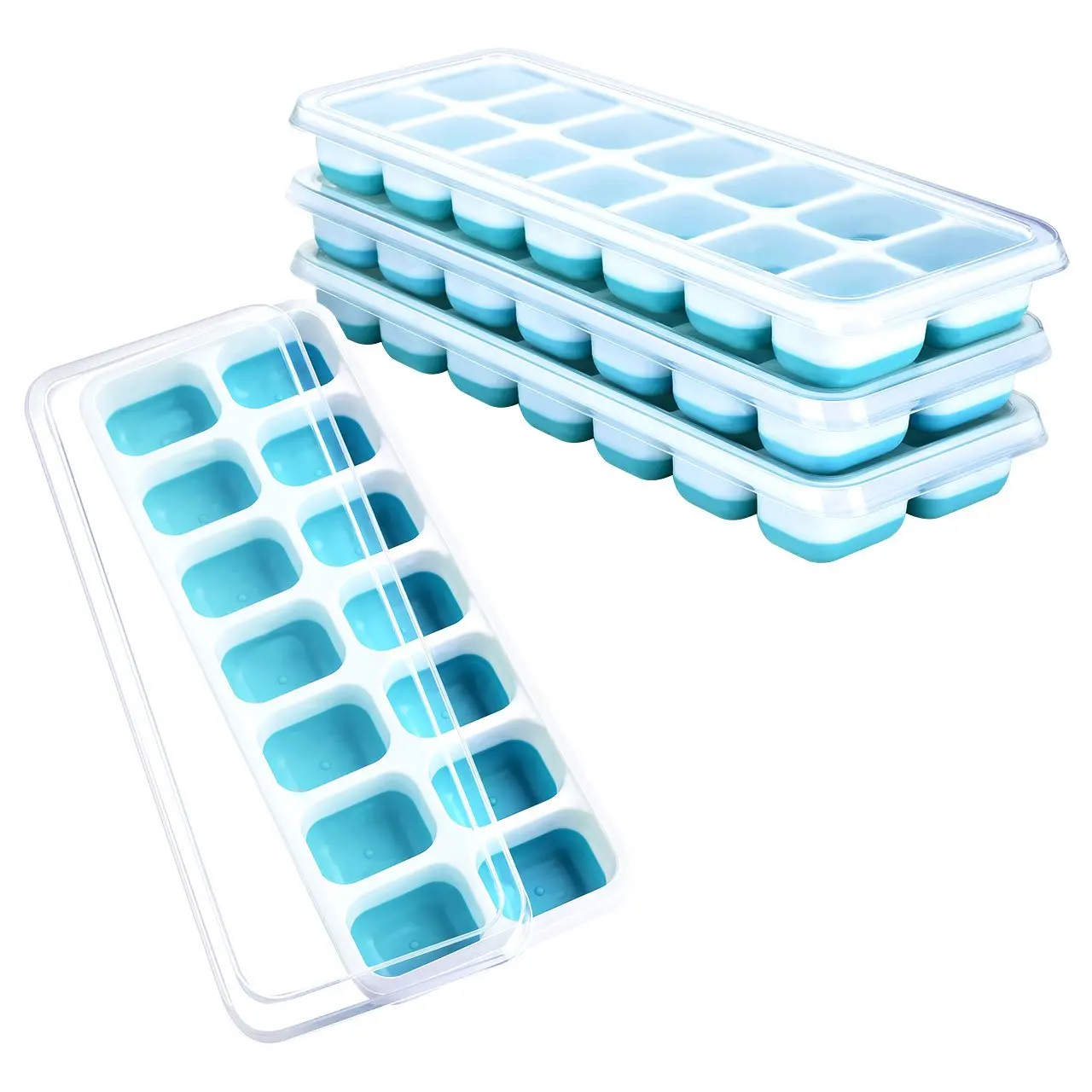 

14-Ice Trays Silicone Mold Ice Cube Trays Spill-Resistant Removable Lid Easy-Release Certified Ice Cube Trays Silicone, Blue