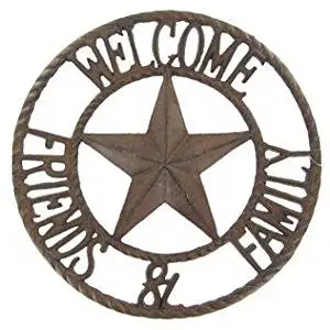"ABC Products" - Heavy Cast Iron - Circular Welcome Sign - Rope Design With Star - Words "Welcome" At The Top - Words "Family And Friends" At The Bottom - Primitive Country Look (Bronze Rustic Finish)