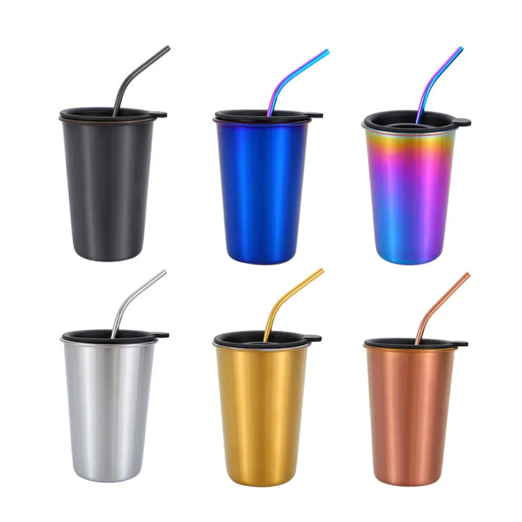 

16 oz Stainless Steel Classic Simple Coffee Tumbler Cups with Straw and Lid, Silver;gold;rose gold;black;blue;rainbow