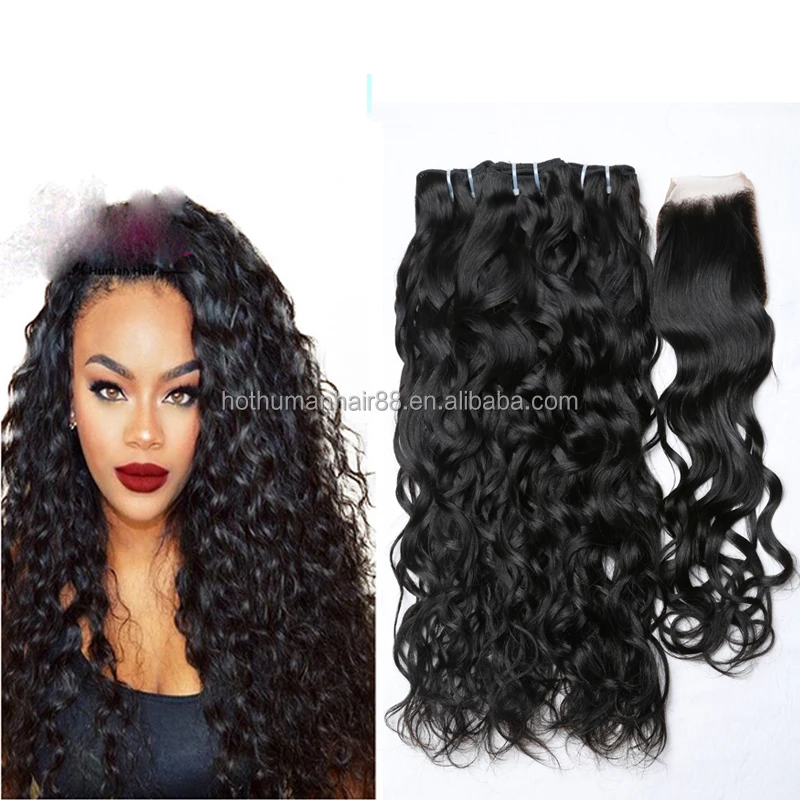 

Ms Mary Hair Brazilian Virgin Water Wave Silk Top 4X4 Lace Frontal Closure with Virgin Brazilian Natural Wave 3Pcs Bundles Remy, Natural color #1b