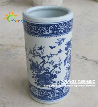 Varied Chinese Blue And White Ceramic Cylinder Floor Standing