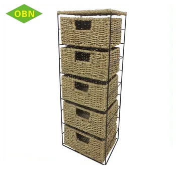 Slimline Seagrass 5 Drawer Storage Unit For Living Room Or