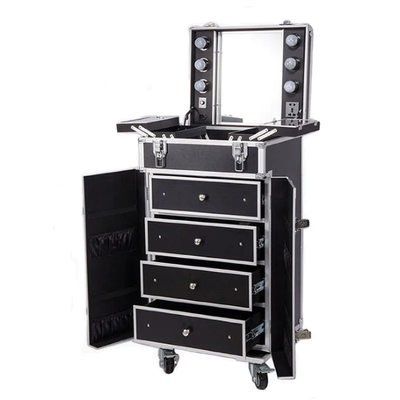 

Professional Wood Makeup Cabinet Trolley Case With Lighted Mirror, Black