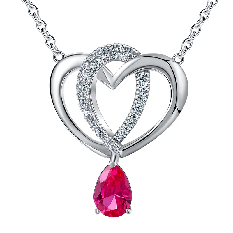 

Wholesale 925 Sterling Silver jewellery Diamond Cubic Zirconia Double love Heart shape pendant chain Necklace for mother's day, Picture shows