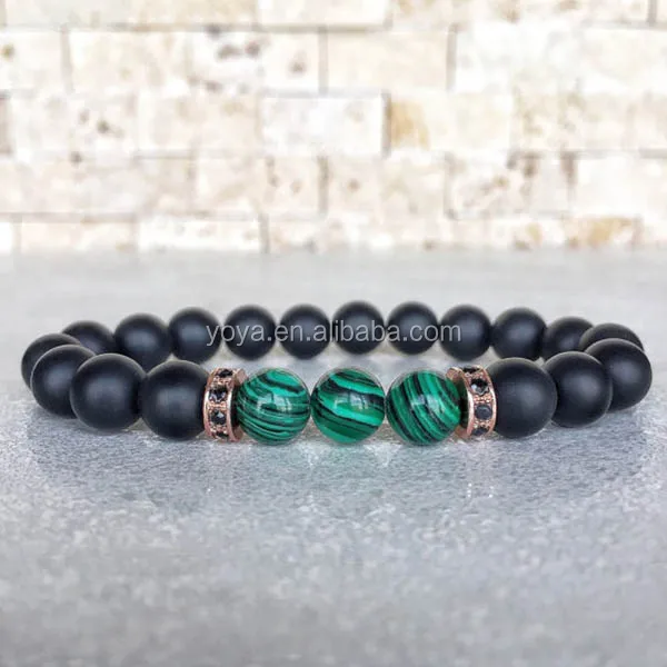 

BRP1279 Green Malachite & Black Matte Onyx Beads Men Bracelet, Black Onyx Mens Stretch Bracelet.Gemstone Men Bracelet