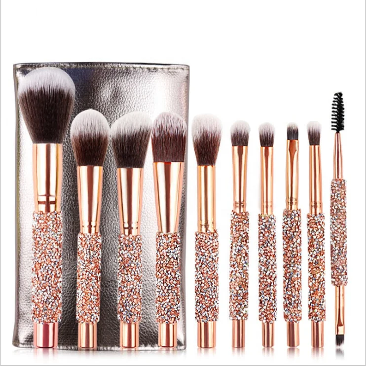New Design Beauty Products 2019 Cosmetics 10 pcs Custom Logo Glitter Makeup Brushes Set With Diamond