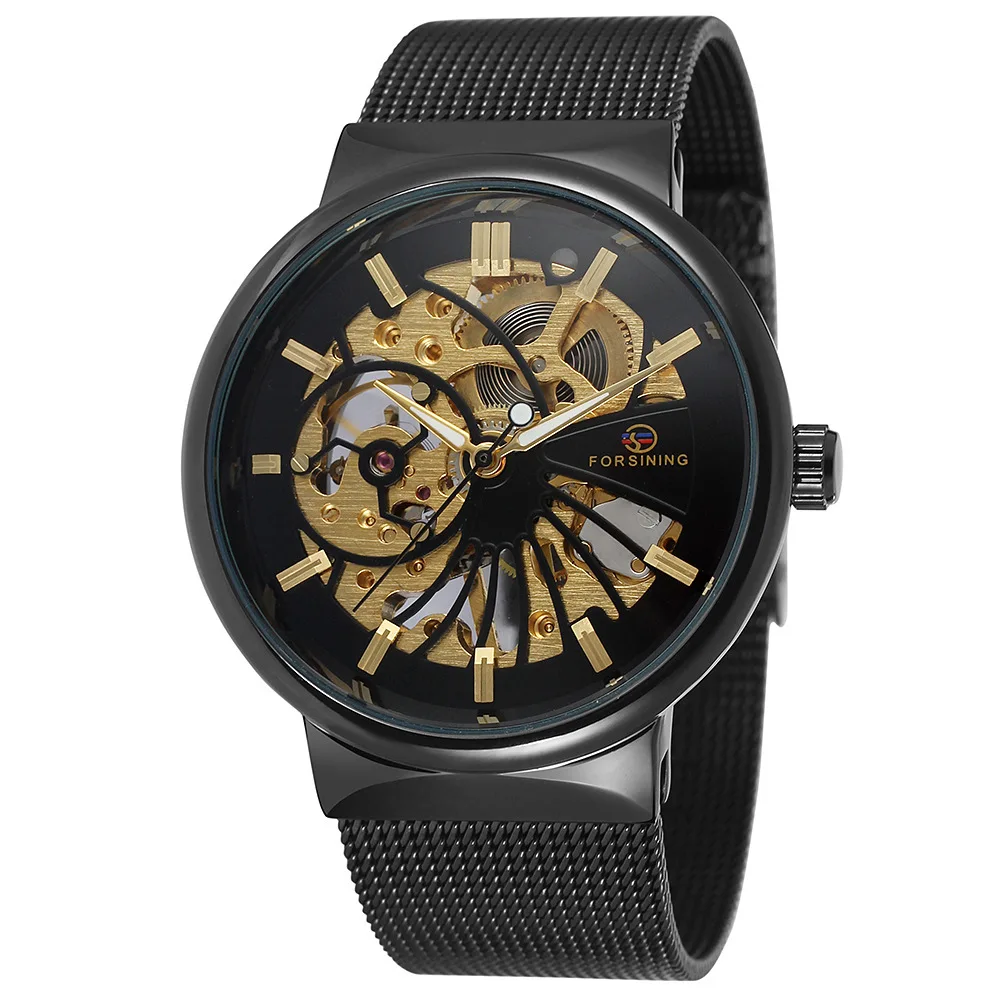 

Top Sale FORSINING Luxury Brand Black Mesh Metal Strap 30M Waterproof Classic Male Unique Thin Style Automatic Hand Watch