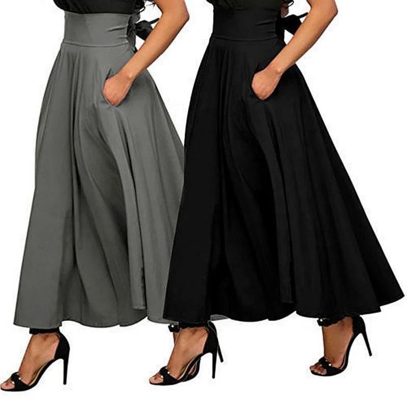 

2021 Factory Cheap Wholesale Summer Fashion Solid Color Ankle-Length Skirt With Pocket Vintage Skirt For Women Black Long Skirt, As pics shown