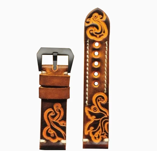 

2019 new design embossing genuine leather watch strap 20 22 24mm handmade wrist watch band, Black green coffee orange