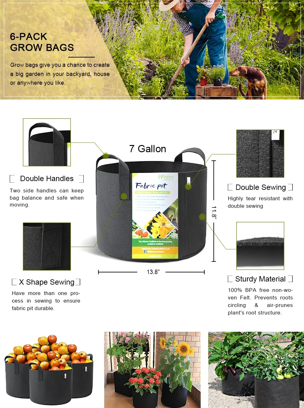 1/3 / 5 / 7 / 10 / 15 / 20 / 25 / 45 / 60 Gallon Felt Fabric Pot Grow