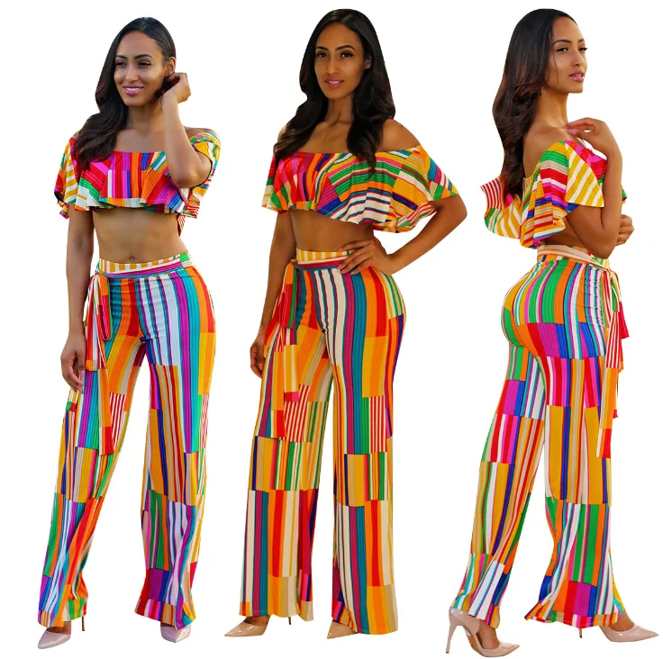 

Colorful Striped Sexy Two Piece Set Women Slash Neck Ruffles Short Top And Sash Wide Leg Pant Summer 2 Pcs Tracksuit Suit, N/a