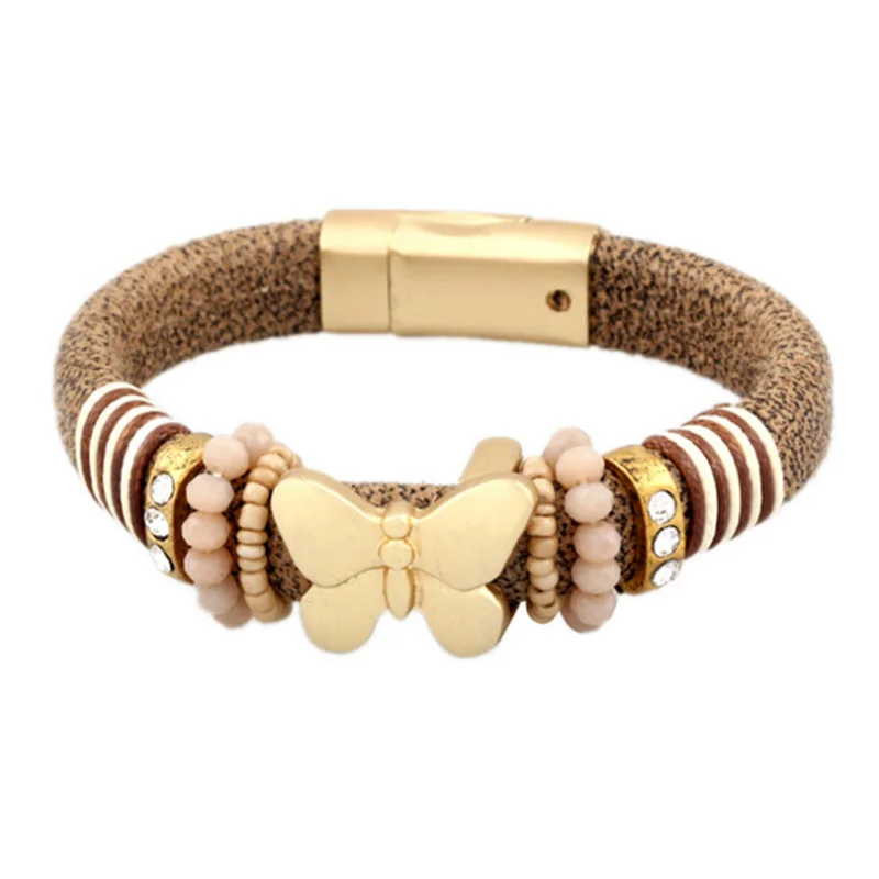 

Fashionable women's bracelet alloy butterfly charm with diamond beads magnetic clasp leather bracelet wholesale, As picture