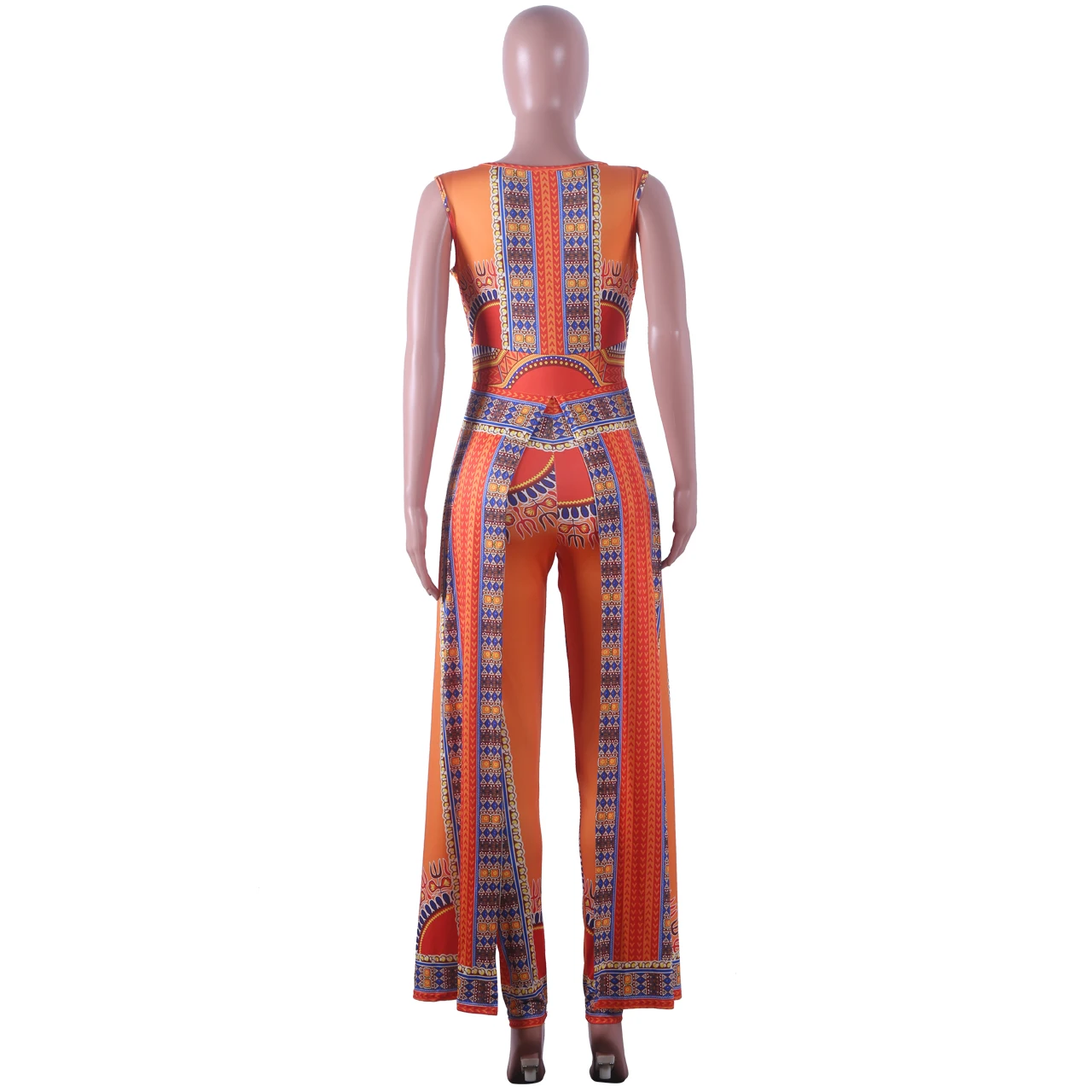 African women's sleeveless printed orange ethnic style jumpsuits