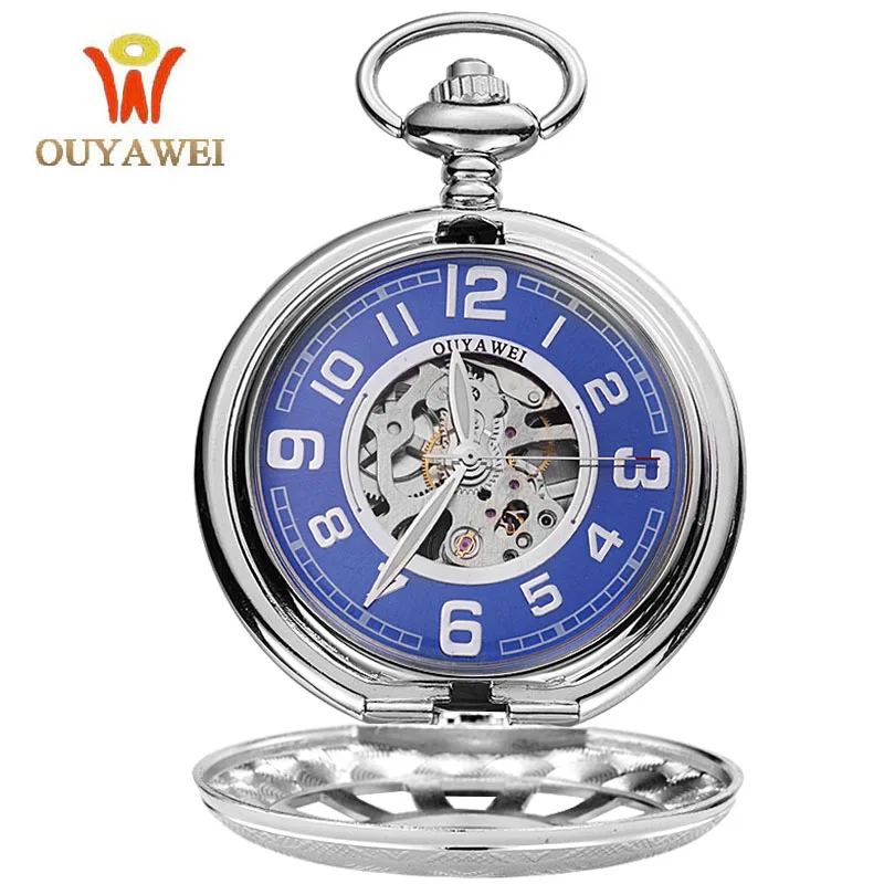 

Top Brand Luxury OUYAWEI Stainless Steel Chain Blue Arabic Numerals Dial Silver Skeleton Antique Pocket Watch Mechanical