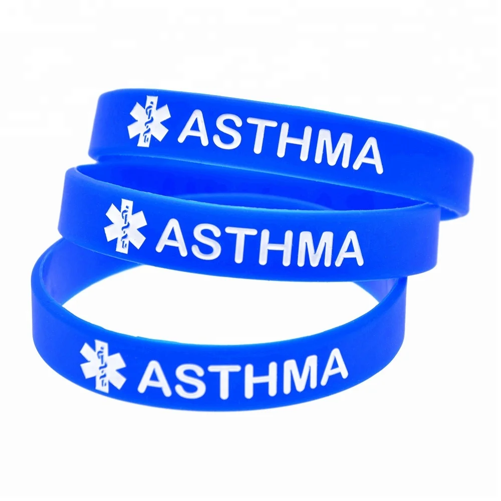 

50PCS Medical Alert Capital Letters ASTHMA Silicone Wristband, Blue, white, gray