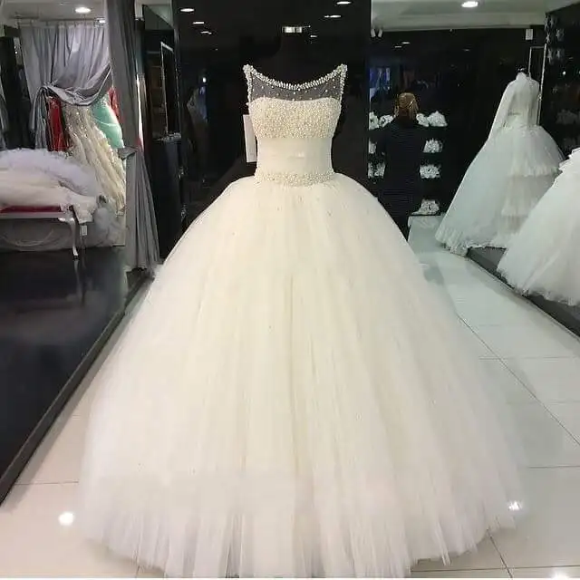 

Real Hot same beaded pearls top puffy floor length plus size layered skirt white ivory cheap bridal wedding gowns MWA218