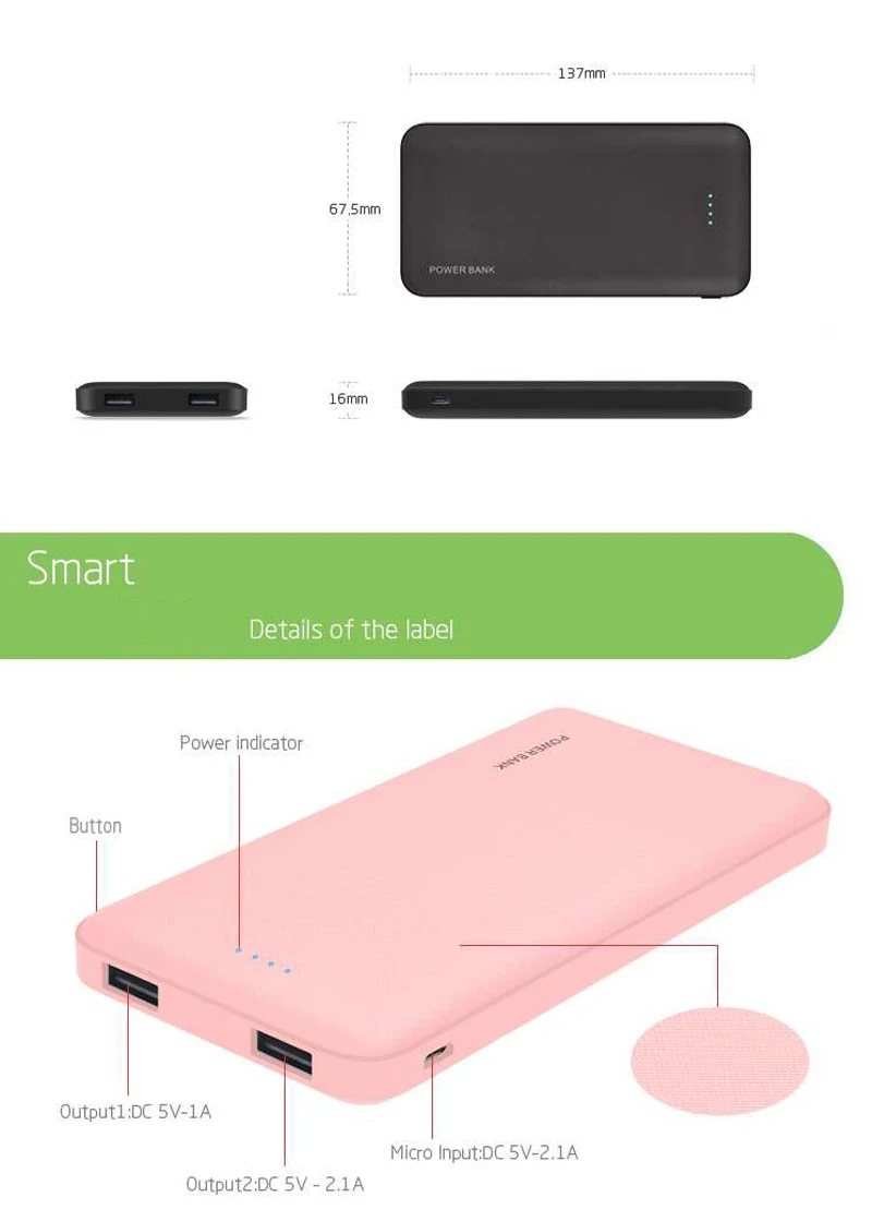 Portable Large Capacity 10000mah Ultra Slim Power Bank Charger with Dual USB Ports