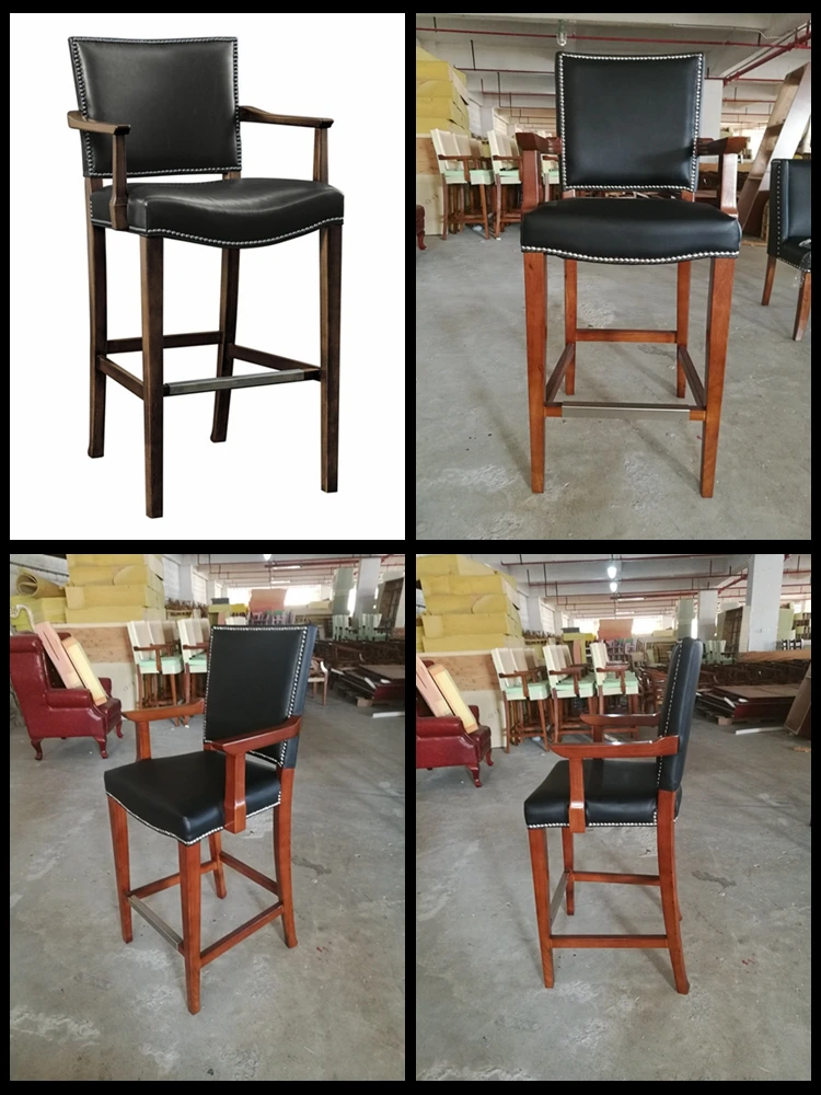 Durable black leather bar stool with armrest