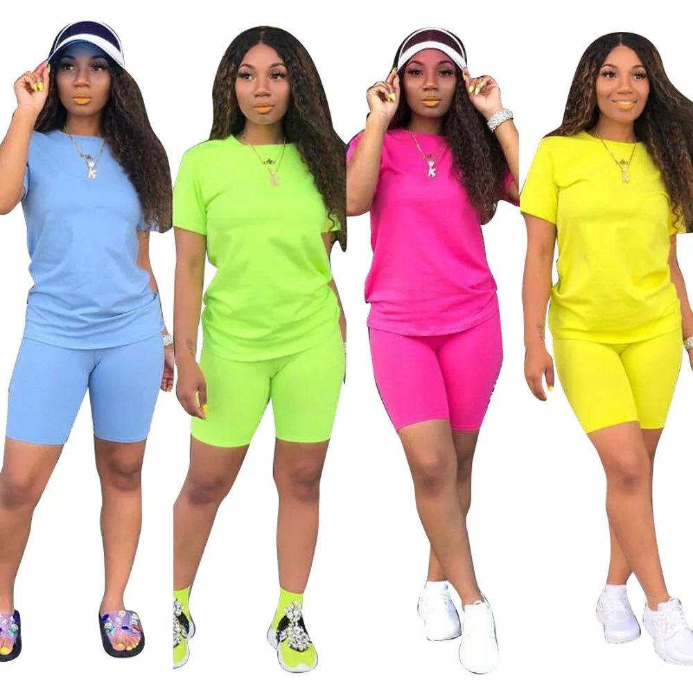 OH8286 women solid tshirt and shorts two piece set women clothing