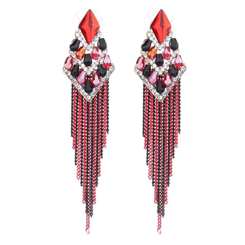 

Handmade Bohemian Tassel Crystal Beads Earrings Red Chain Fringe Crystal Chandelier Earrings, Multi color