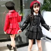 

Hot sale girls autumn PU coat boutique leather fabric double breasted overcoat