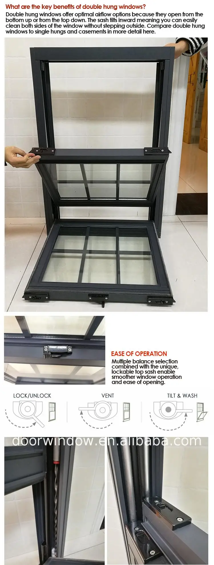 Manufactory direct double hung window with transom sizes security bar