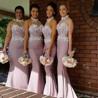 

Hot sale simple Customized long appliqued lace halter mermaid bridesmaid dresses MBLB11