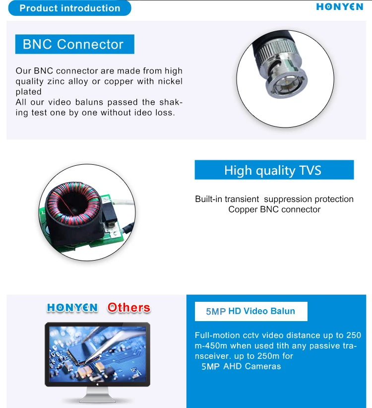 CCTV camera system accessories built-in ESD press fit design BNC to RJ45 converter HY-207 passive video balun