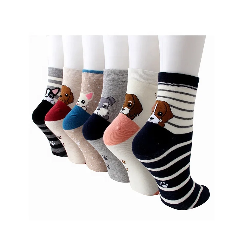 

Cute animal dog print color striped cotton cartoon socks for women girls, 6 colors