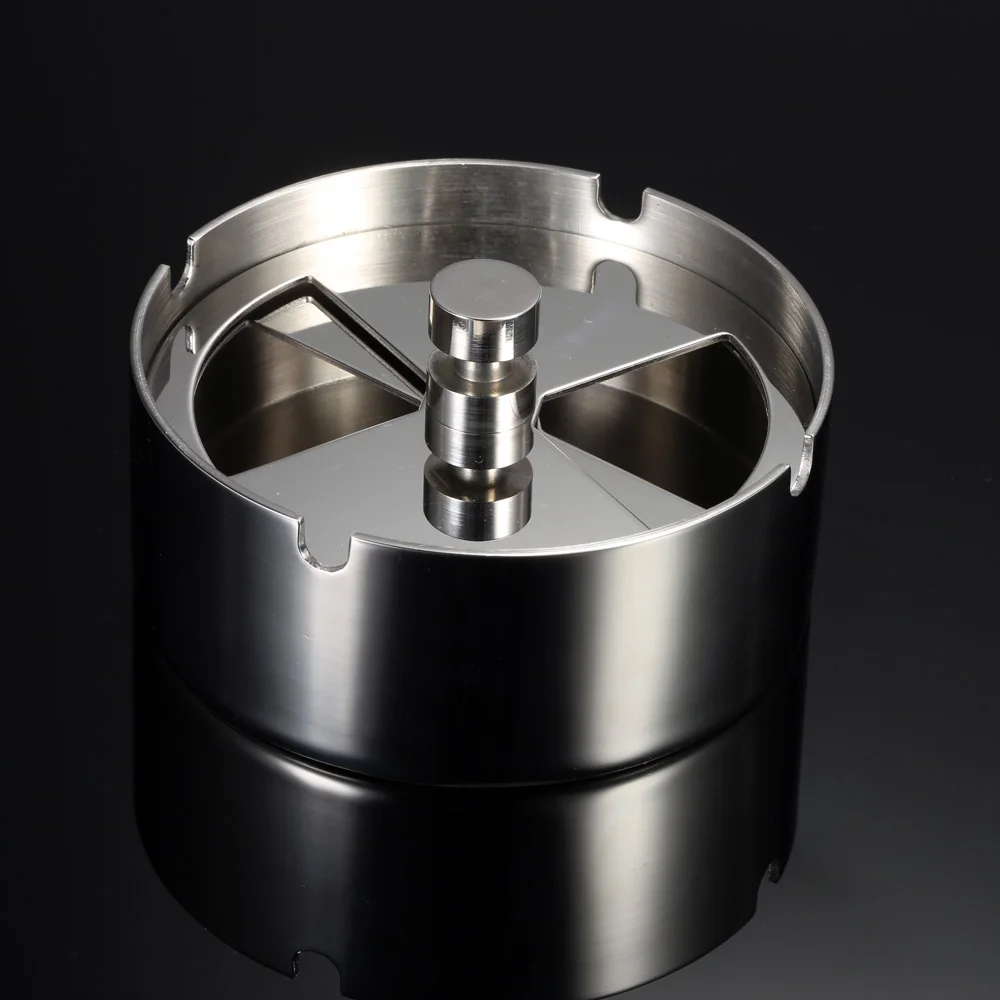

Top Quality Portable Practical Home Metal Ashtray Spinning Black Rotation Plain Cigarette Ash Tray Push Down Smoking, Silver